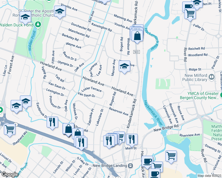 map of restaurants, bars, coffee shops, grocery stores, and more near 12 Gainesborough Terrace in River Edge