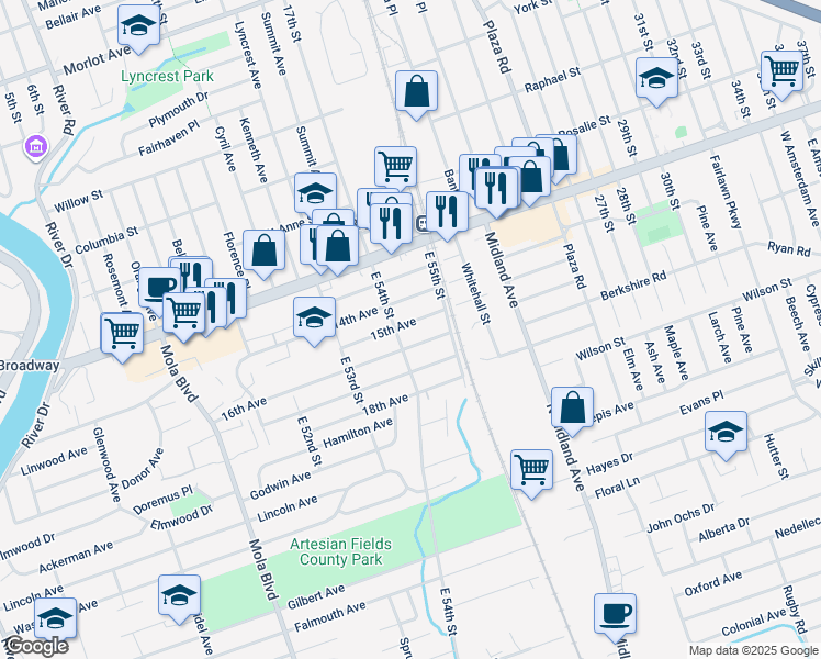 map of restaurants, bars, coffee shops, grocery stores, and more near 121 16th Avenue in Elmwood Park