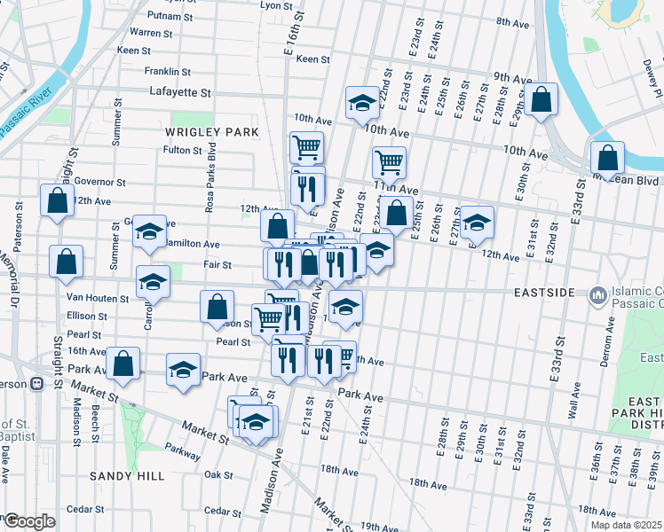 map of restaurants, bars, coffee shops, grocery stores, and more near 507-509 Broadway in Paterson
