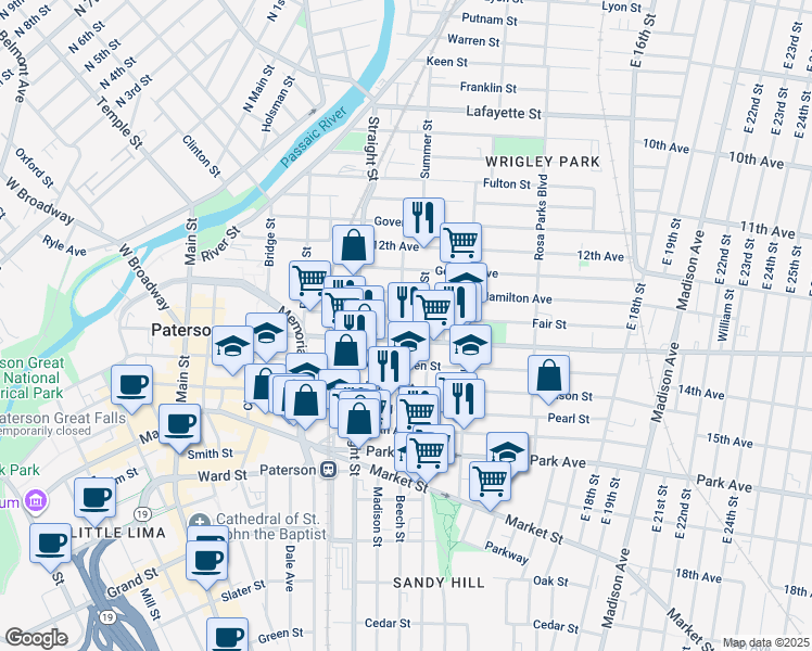 map of restaurants, bars, coffee shops, grocery stores, and more near 238 West Broadway in Paterson