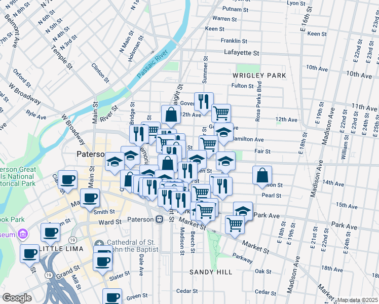 map of restaurants, bars, coffee shops, grocery stores, and more near 238 West Broadway in Paterson