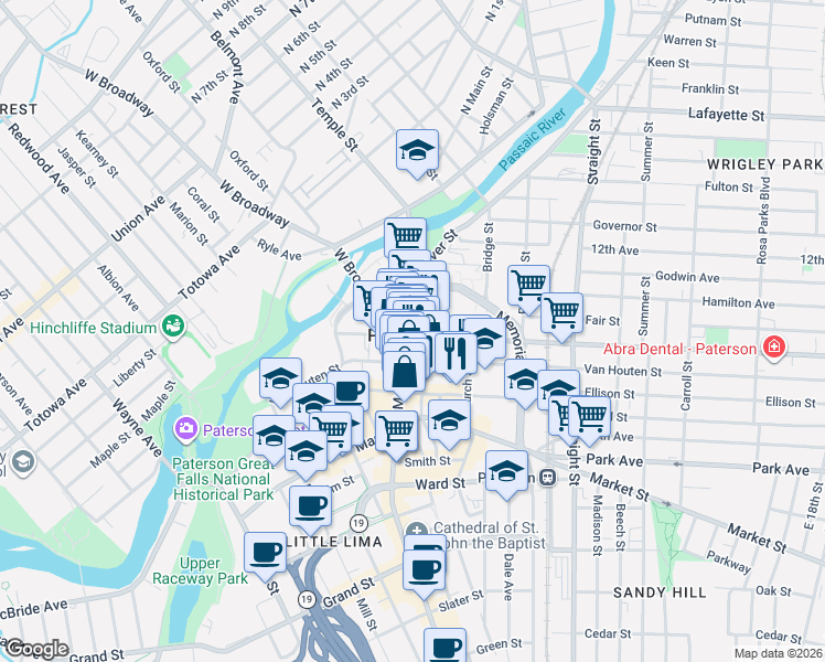 map of restaurants, bars, coffee shops, grocery stores, and more near 107 Van Houten Street in Paterson