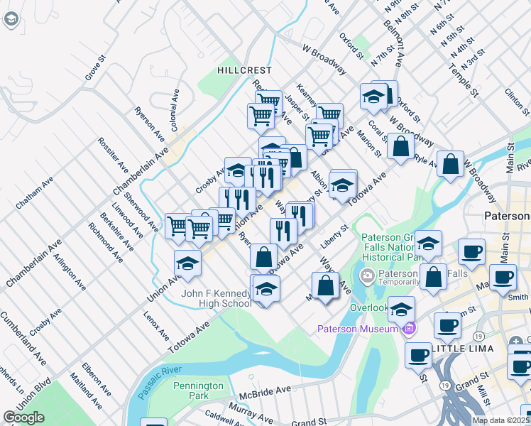 map of restaurants, bars, coffee shops, grocery stores, and more near 37 Manchester Avenue in Paterson