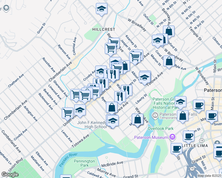 map of restaurants, bars, coffee shops, grocery stores, and more near 161 Paterson Avenue in Paterson