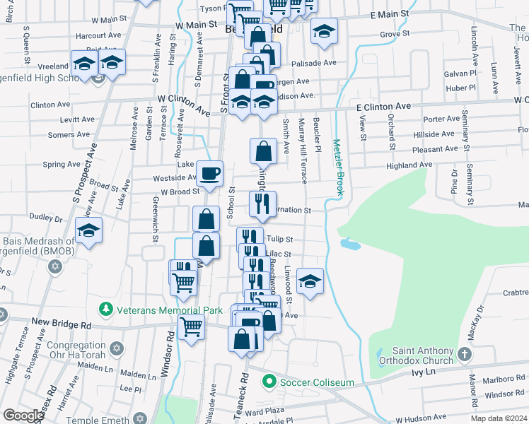 map of restaurants, bars, coffee shops, grocery stores, and more near 10 Magnolia Street in Bergenfield