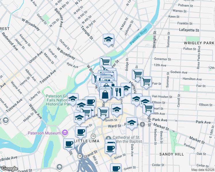 map of restaurants, bars, coffee shops, grocery stores, and more near 107 Van Houten Street in Paterson