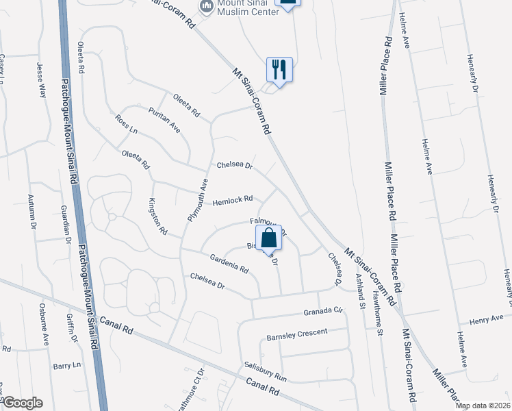 map of restaurants, bars, coffee shops, grocery stores, and more near 22 Falmouth Drive in Mount Sinai