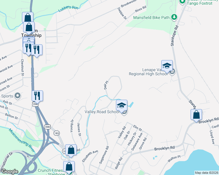 map of restaurants, bars, coffee shops, grocery stores, and more near 19360 Dell Place in Stanhope