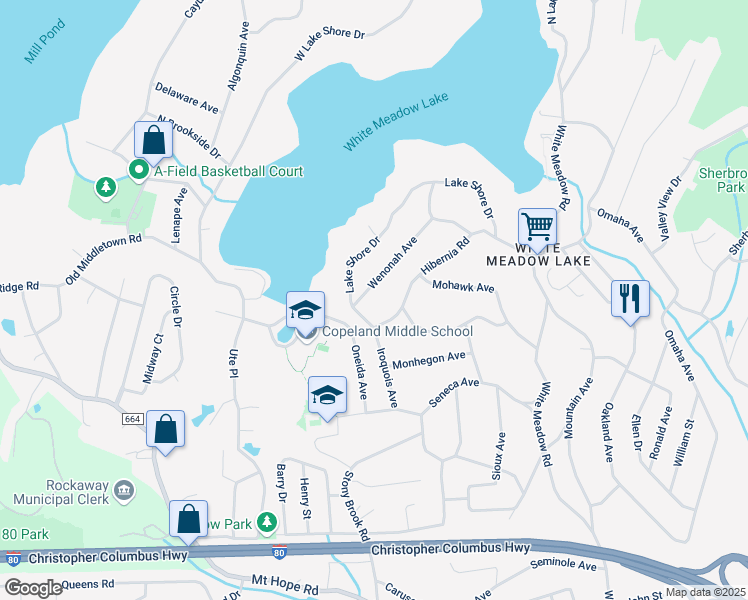 map of restaurants, bars, coffee shops, grocery stores, and more near 119 Lake Shore Drive in Rockaway