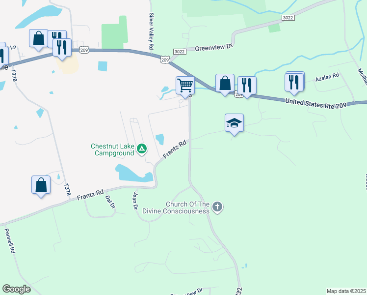 map of restaurants, bars, coffee shops, grocery stores, and more near 598 Frantz Road in Brodheadsville