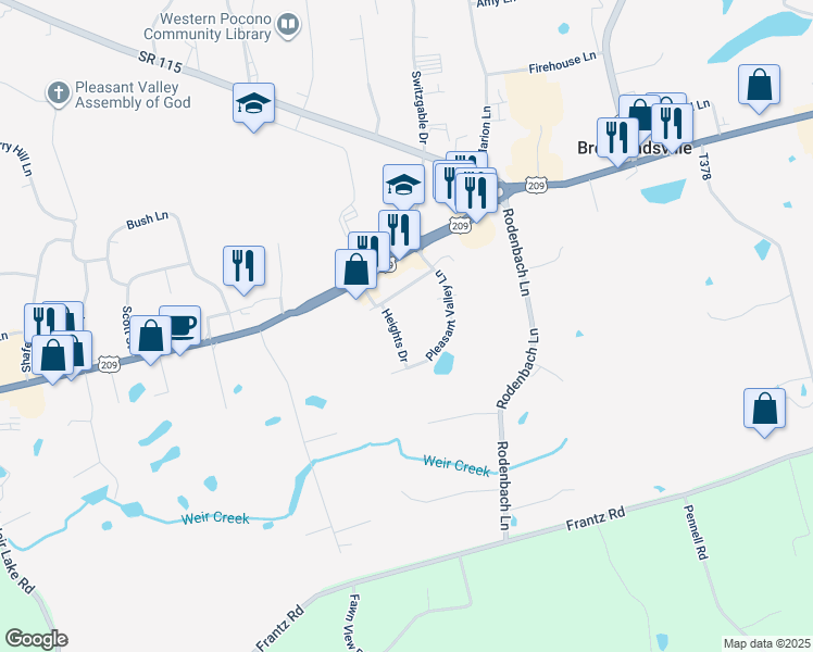 map of restaurants, bars, coffee shops, grocery stores, and more near 211 Heights Drive in Brodheadsville