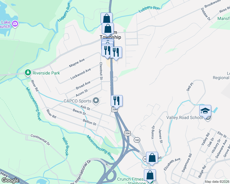 map of restaurants, bars, coffee shops, grocery stores, and more near 253 U.S. 206 in Stanhope