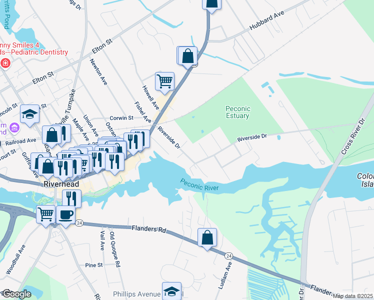 map of restaurants, bars, coffee shops, grocery stores, and more near in Riverhead