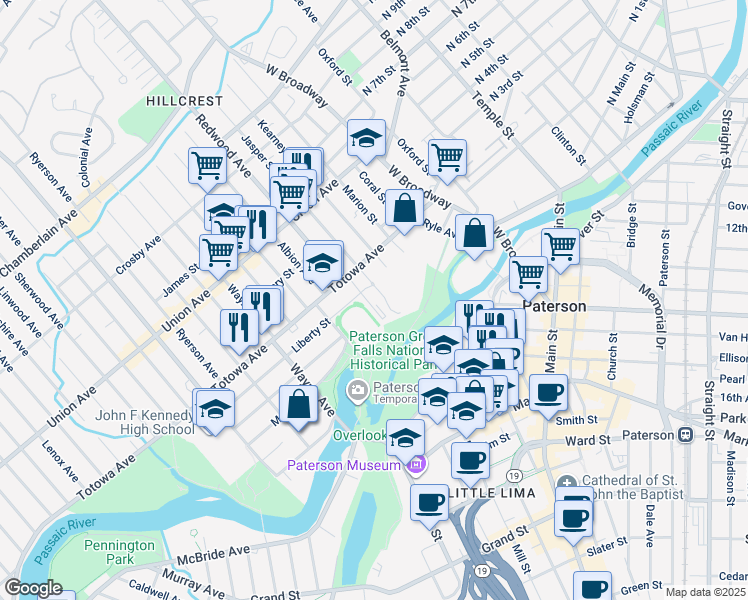 map of restaurants, bars, coffee shops, grocery stores, and more near 27 Jasper Street in Paterson
