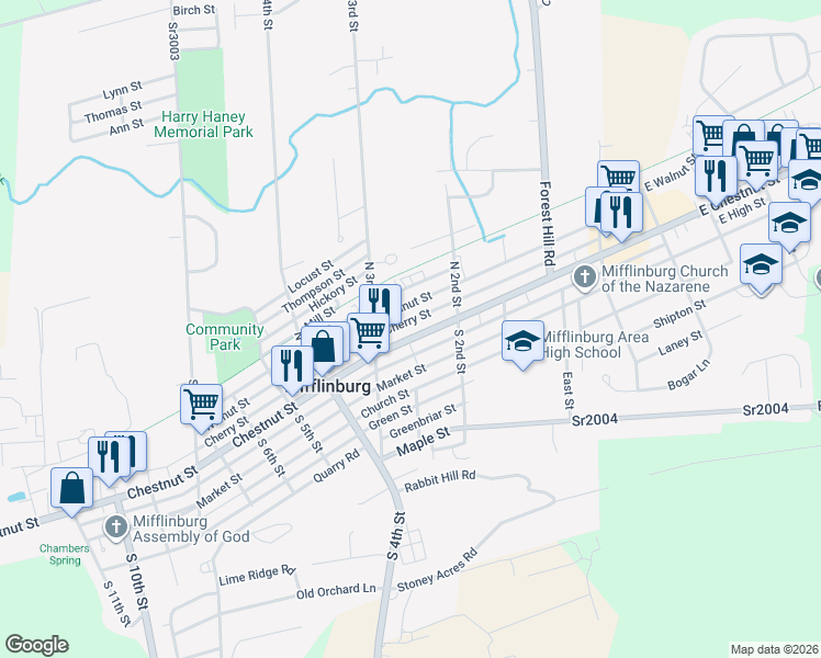 map of restaurants, bars, coffee shops, grocery stores, and more near 252 Walnut Street in Mifflinburg
