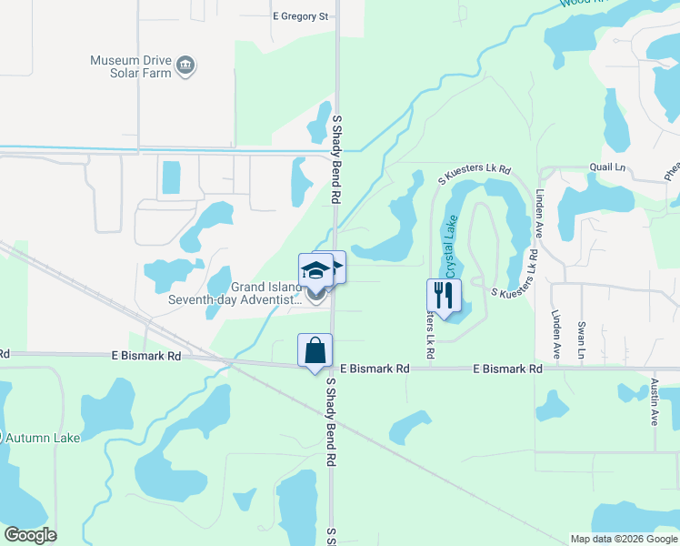 map of restaurants, bars, coffee shops, grocery stores, and more near 517-575 South Shady Bend Road in Grand Island