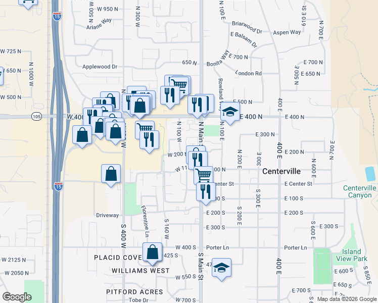 map of restaurants, bars, coffee shops, grocery stores, and more near 56 West 200 North in Centerville