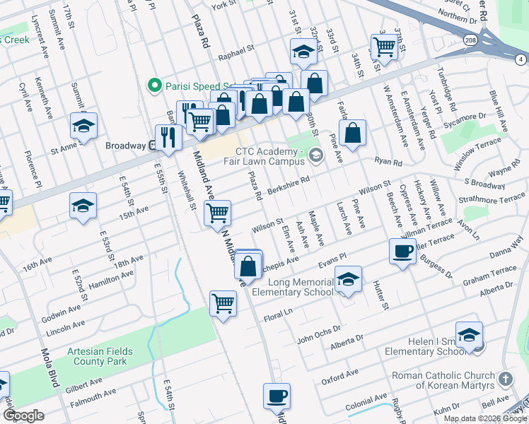map of restaurants, bars, coffee shops, grocery stores, and more near 10 Plaza Road in Fair Lawn