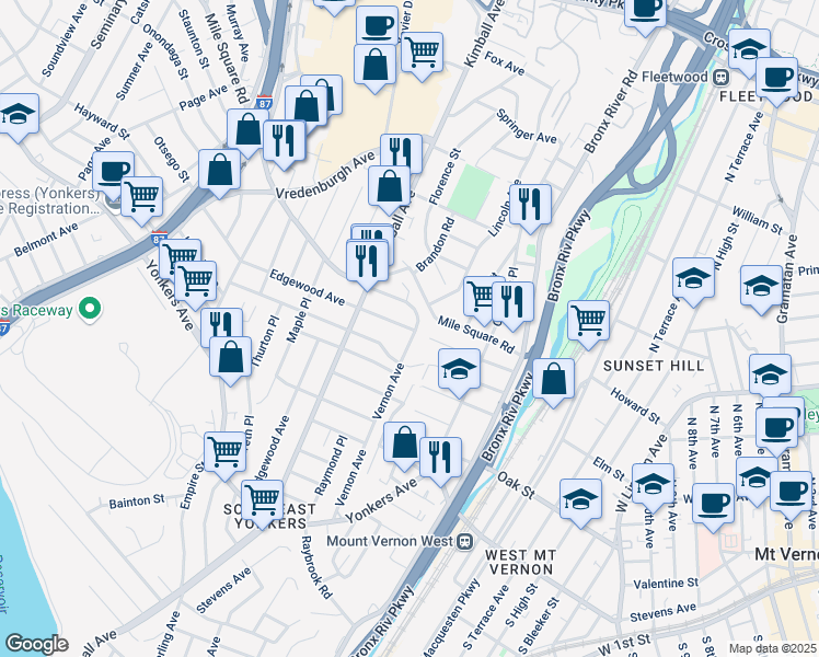 map of restaurants, bars, coffee shops, grocery stores, and more near 82 Edgewood Avenue in Yonkers