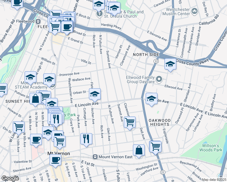map of restaurants, bars, coffee shops, grocery stores, and more near 232 Summit Avenue in Mount Vernon