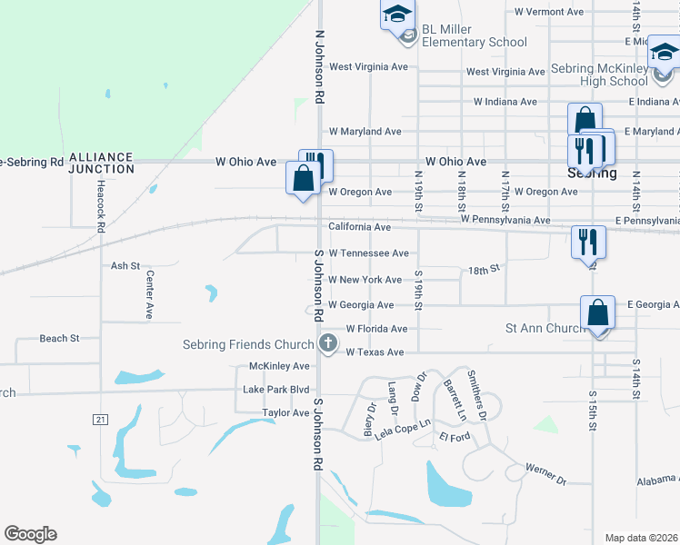 map of restaurants, bars, coffee shops, grocery stores, and more near 678 West Tennessee Avenue in Sebring