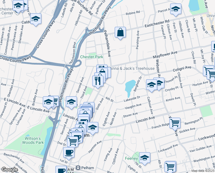 map of restaurants, bars, coffee shops, grocery stores, and more near 604 Fifth Avenue in Village of Pelham