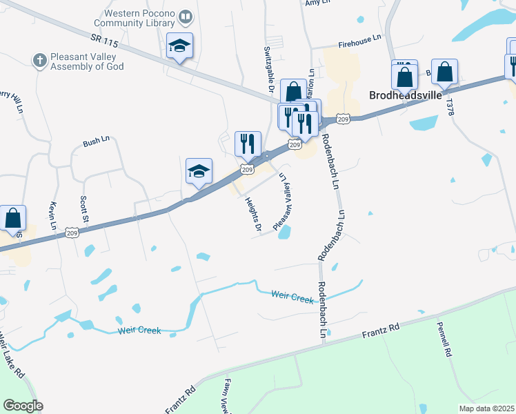 map of restaurants, bars, coffee shops, grocery stores, and more near 211 Heights Drive in Brodheadsville