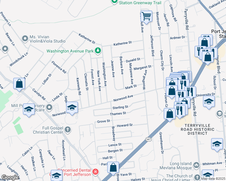 map of restaurants, bars, coffee shops, grocery stores, and more near 6 Jeanne Avenue in Port Jefferson Station