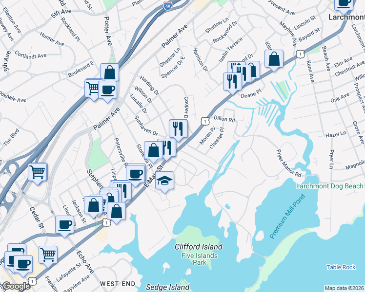 map of restaurants, bars, coffee shops, grocery stores, and more near 47 Harding Drive in New Rochelle