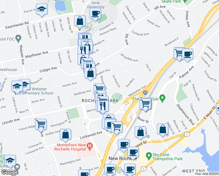 map of restaurants, bars, coffee shops, grocery stores, and more near 75 Beaufort Place in New Rochelle