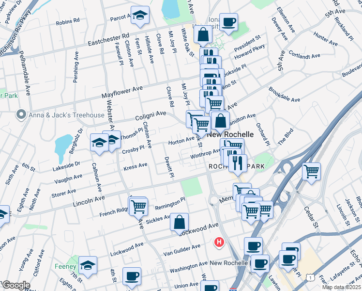 map of restaurants, bars, coffee shops, grocery stores, and more near 91 Horton Avenue in New Rochelle