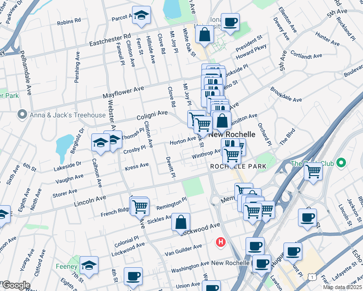 map of restaurants, bars, coffee shops, grocery stores, and more near 91 Horton Avenue in New Rochelle