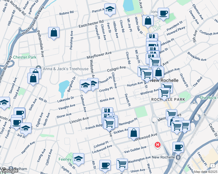 map of restaurants, bars, coffee shops, grocery stores, and more near 100 Clinton Avenue in New Rochelle
