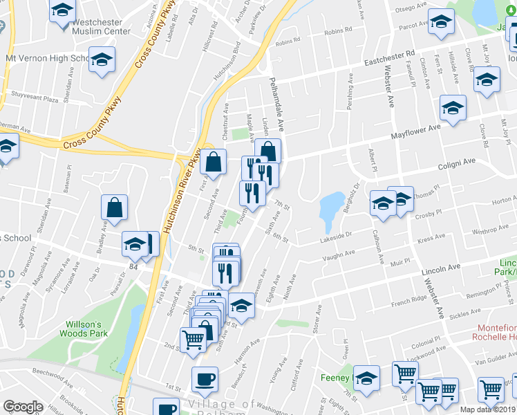 map of restaurants, bars, coffee shops, grocery stores, and more near 529 Fourth Avenue in Village of Pelham