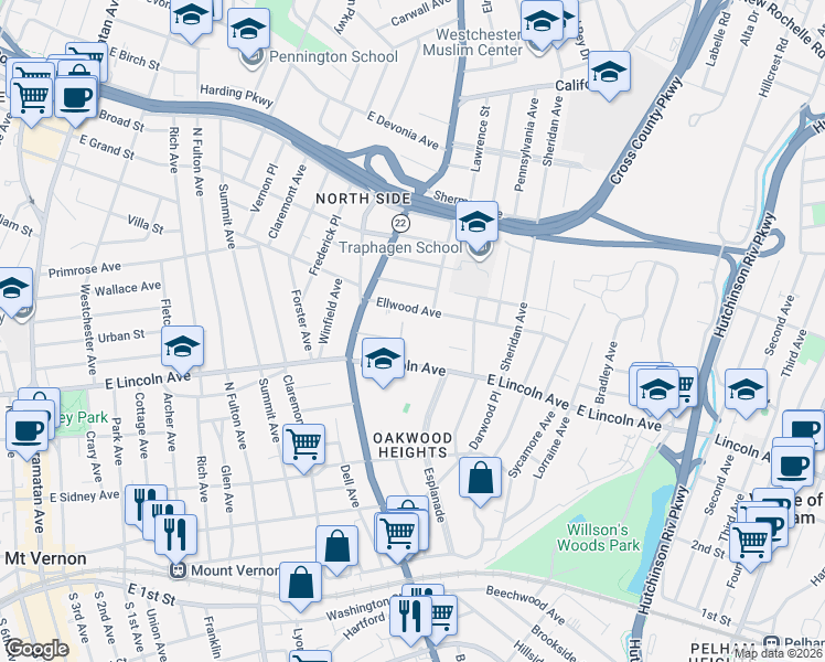 map of restaurants, bars, coffee shops, grocery stores, and more near 41 Ellwood Avenue in Mount Vernon