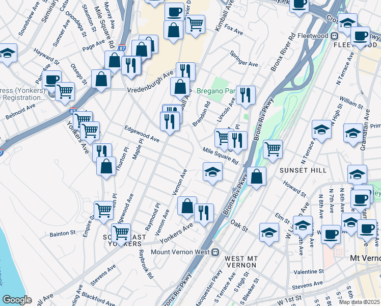 map of restaurants, bars, coffee shops, grocery stores, and more near 187 Vernon Avenue in Yonkers