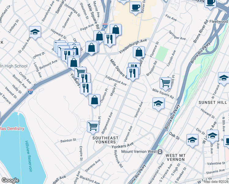 map of restaurants, bars, coffee shops, grocery stores, and more near 207 Winfred Avenue in Yonkers