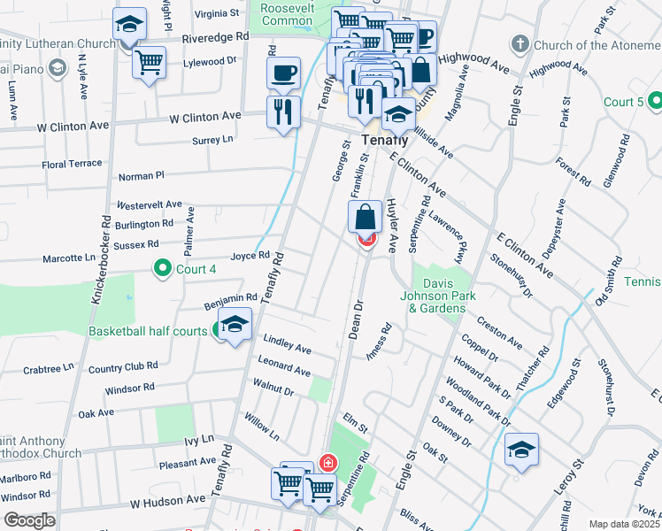 map of restaurants, bars, coffee shops, grocery stores, and more near 58 George Street in Tenafly