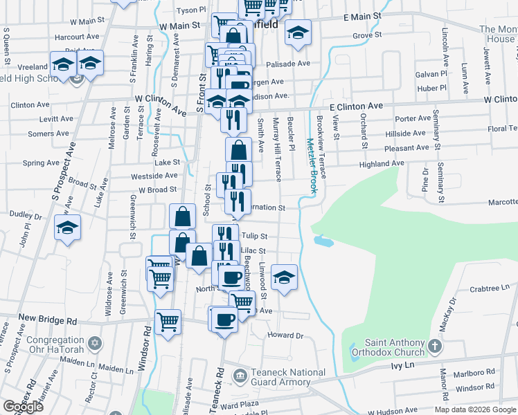 map of restaurants, bars, coffee shops, grocery stores, and more near 38 East Broad Street in Bergenfield