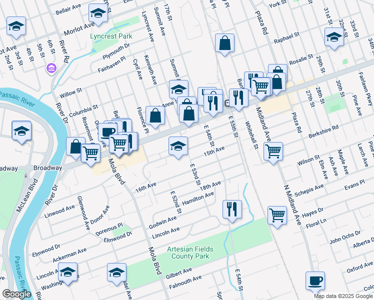 map of restaurants, bars, coffee shops, grocery stores, and more near 10 East 53rd Street in Elmwood Park