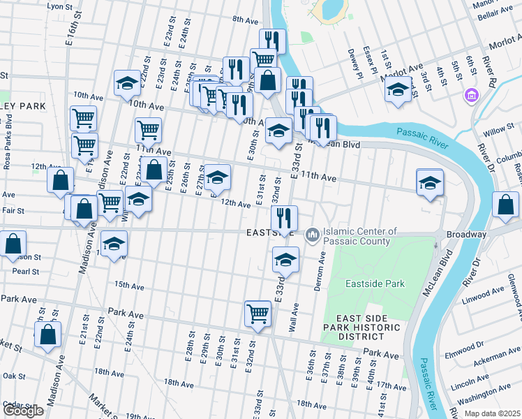 map of restaurants, bars, coffee shops, grocery stores, and more near 162 East 31st Street in Paterson