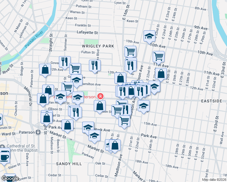 map of restaurants, bars, coffee shops, grocery stores, and more near 341 Hamilton Avenue in Paterson