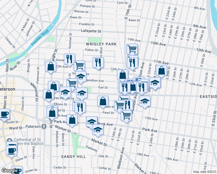 map of restaurants, bars, coffee shops, grocery stores, and more near in Paterson