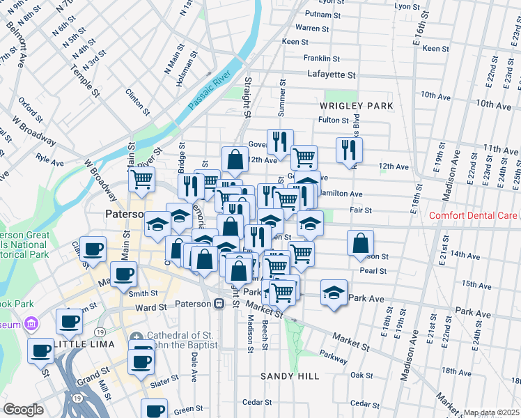 map of restaurants, bars, coffee shops, grocery stores, and more near 63 Auburn Street in Paterson