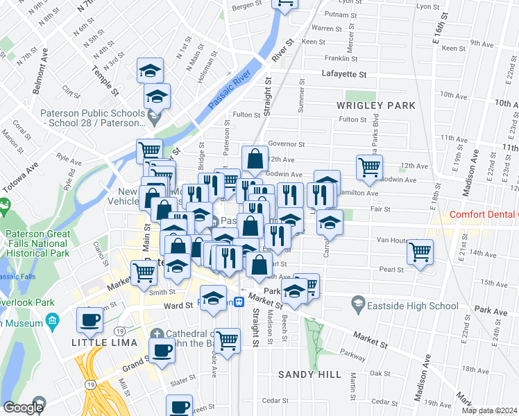 map of restaurants, bars, coffee shops, grocery stores, and more near 147 Fair Street in Paterson