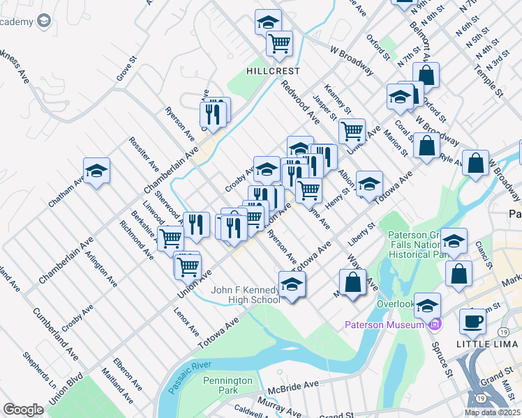 map of restaurants, bars, coffee shops, grocery stores, and more near 215 Paterson Avenue in Paterson