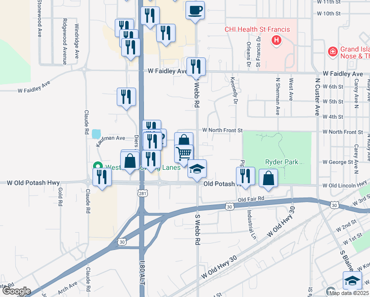 map of restaurants, bars, coffee shops, grocery stores, and more near 221 Wilmar Avenue in Grand Island