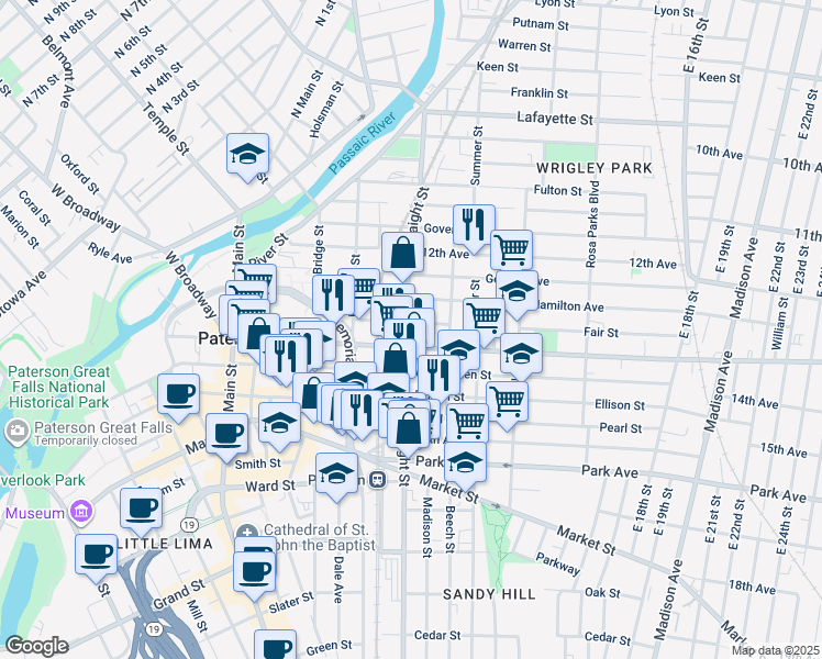 map of restaurants, bars, coffee shops, grocery stores, and more near 144 Fair Street in Paterson