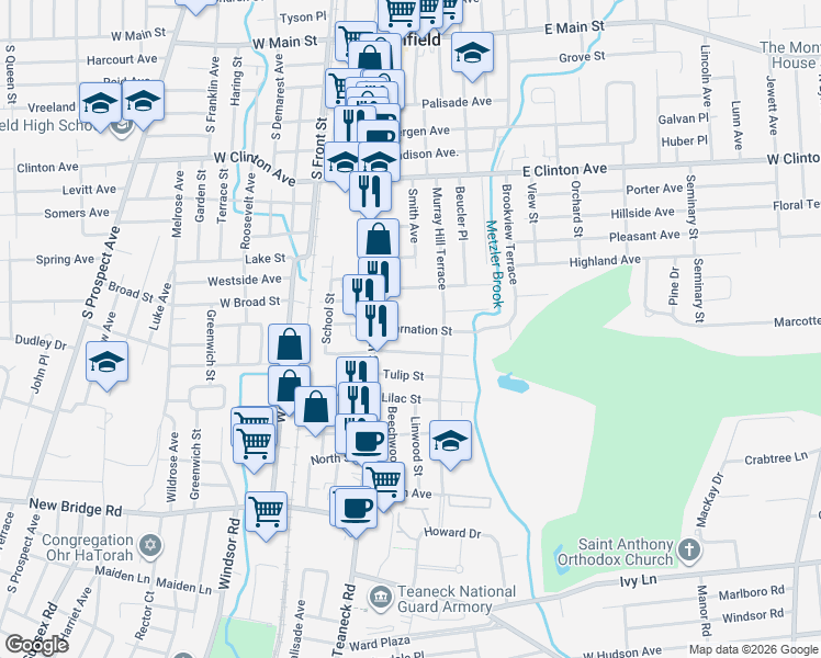 map of restaurants, bars, coffee shops, grocery stores, and more near 38 East Broad Street in Bergenfield