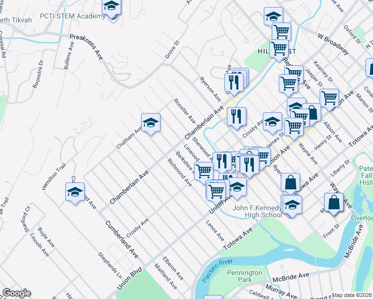 map of restaurants, bars, coffee shops, grocery stores, and more near 197 Sherwood Avenue in Paterson